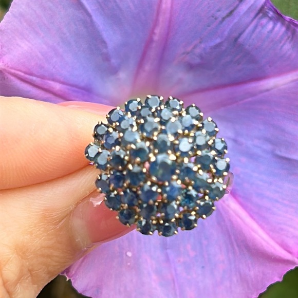 Sold-14K Yellow Gold Spiral Cluster Cocktail Natural Round Shape Blue Sapphire - Picture 11 of 17